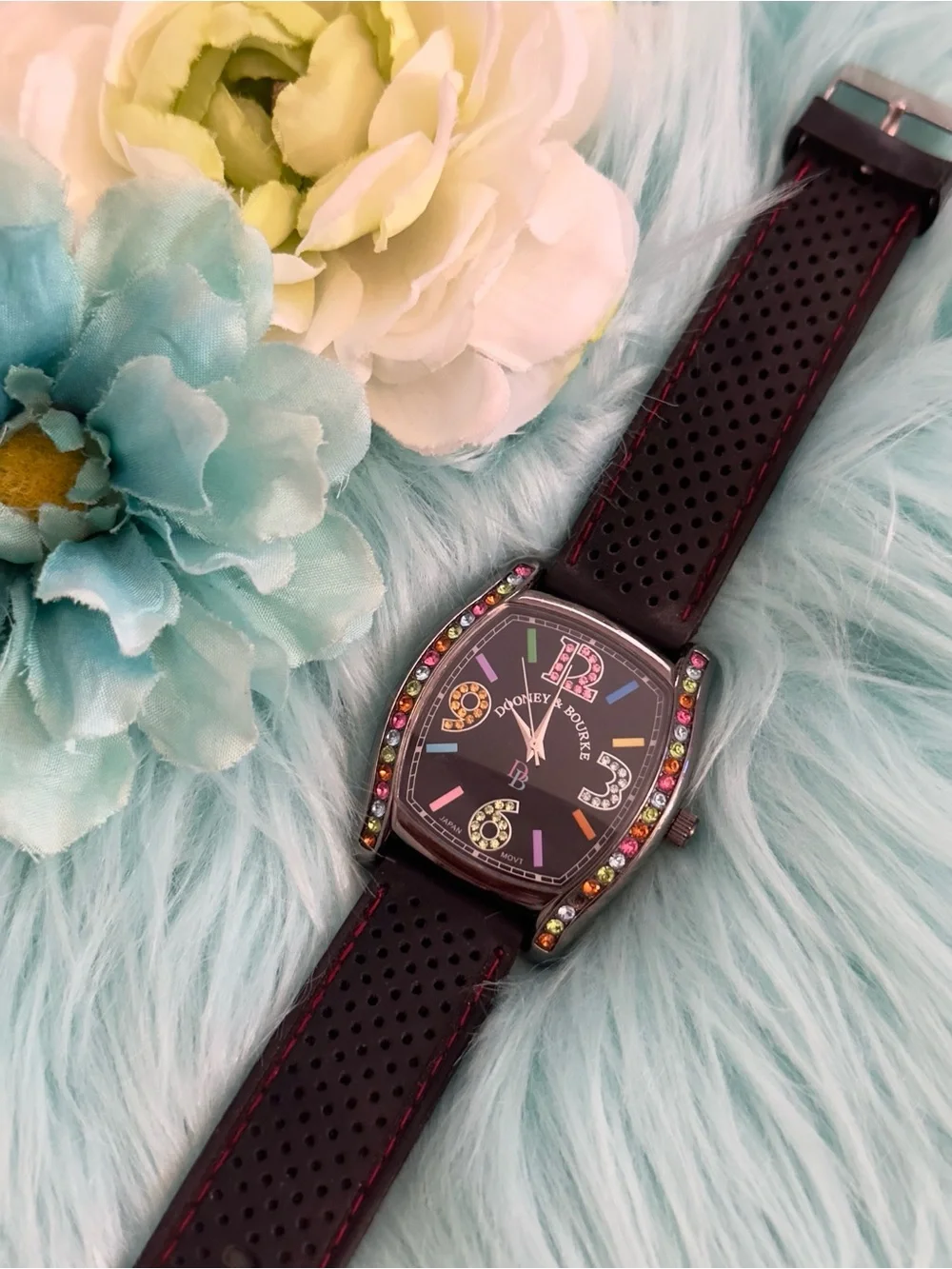Dooney & Bourke Black Strap Watch with Multicolor Crystal Accents